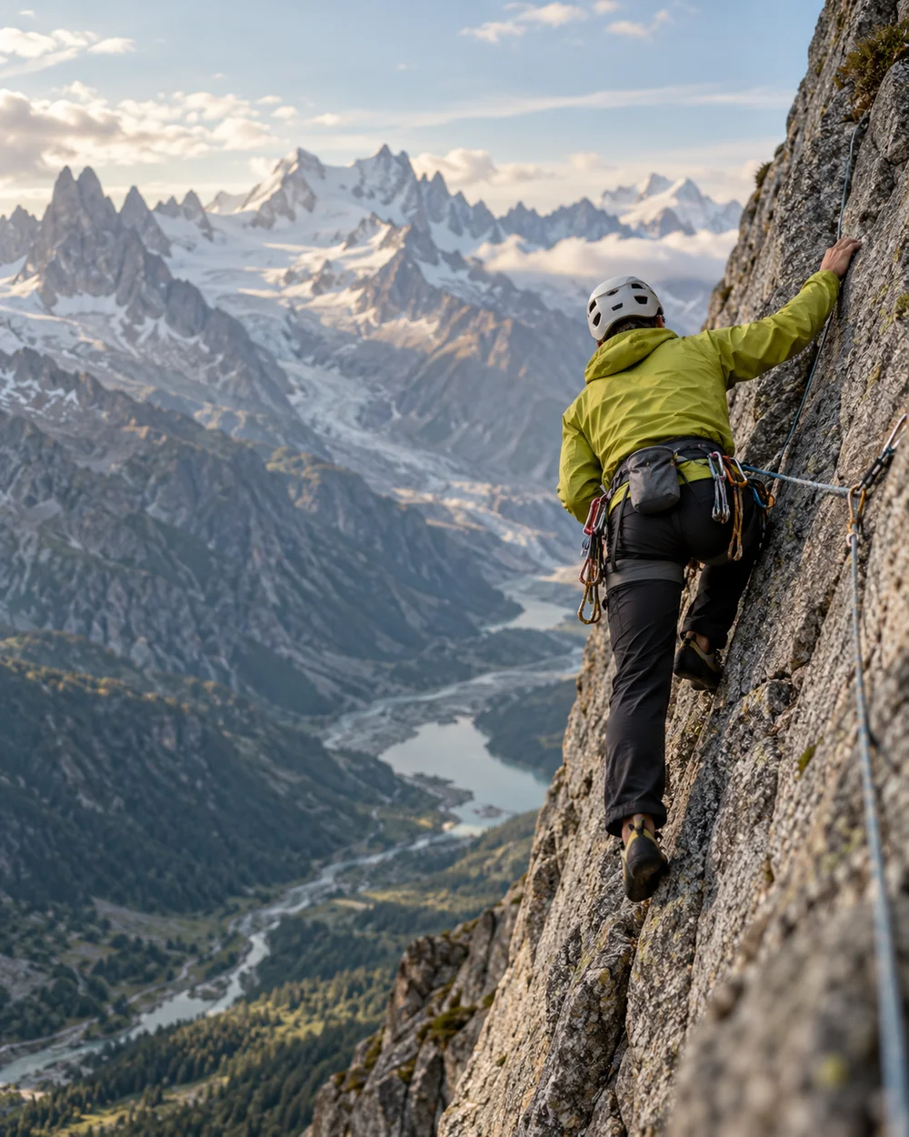 A climber scaling a rock face above an alpine valley